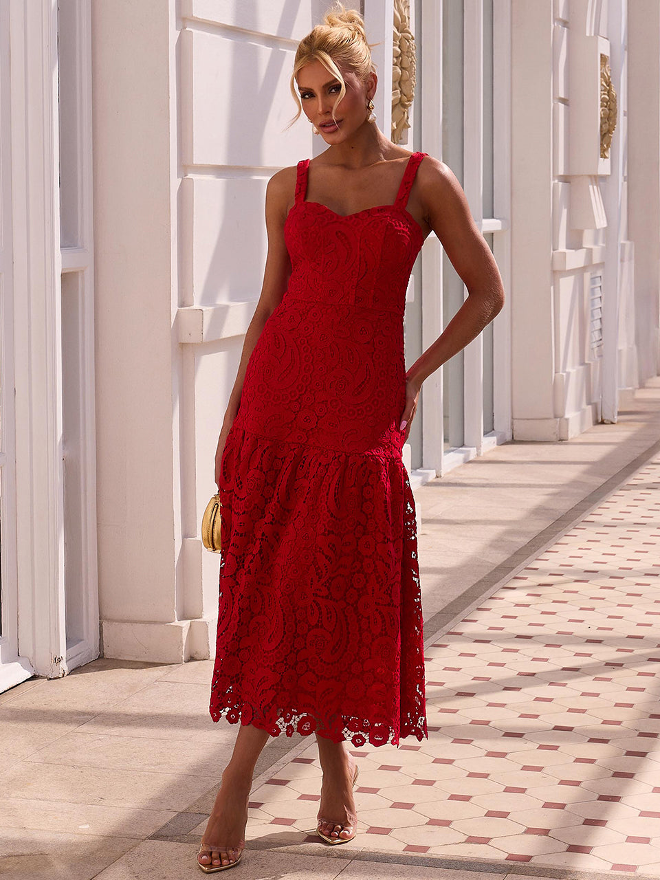 Vestido Midi de Renda Vermelho Red Glow