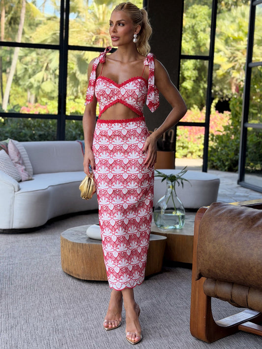 Vestido Midi de Renda Vermelho Bella di Venezia